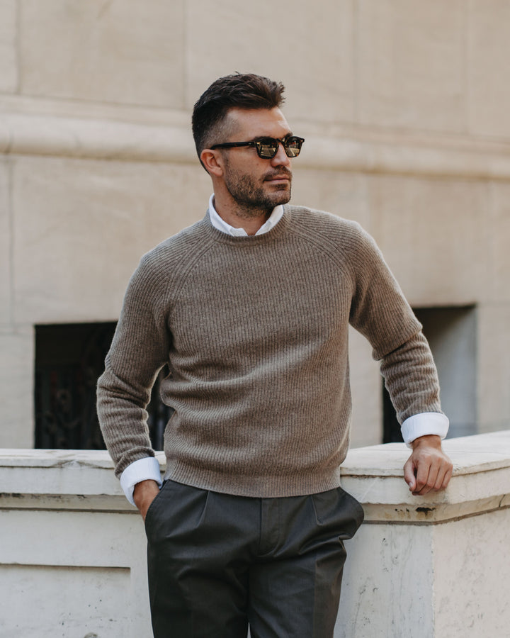 Grobstrick-Pullover 100% Merino in Hellbraun