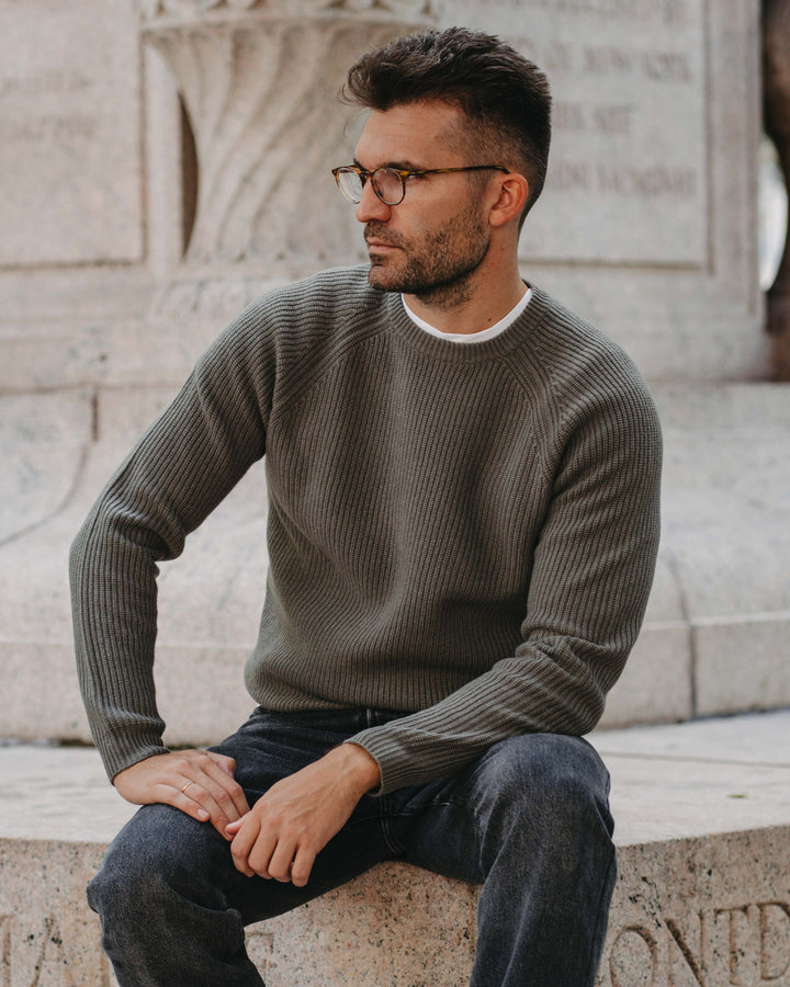 Grobstrick-Pullover 100% Merino in Olive