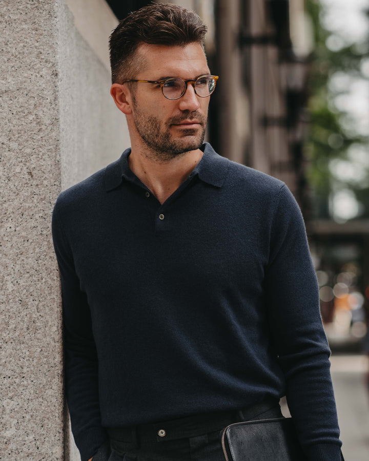 Langarm Polo Kaschmir-Mix in Blau