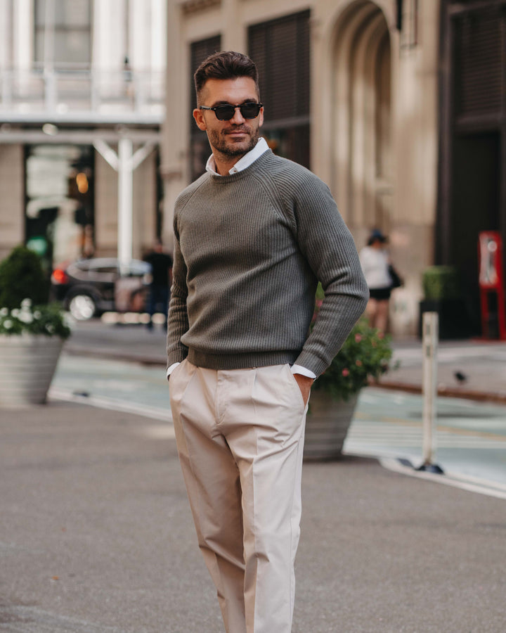 Grobstrick-Pullover 100% Merino in Olive
