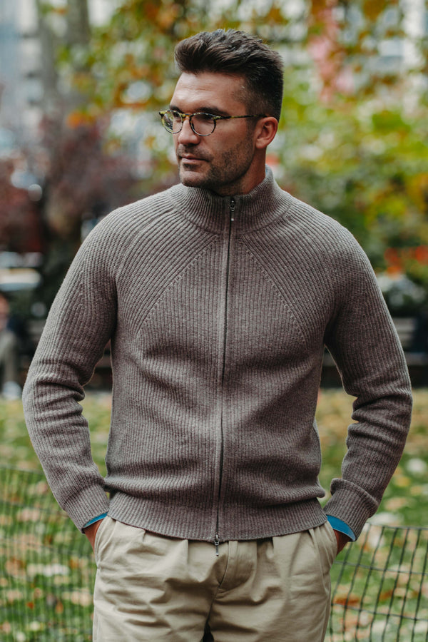 Grobstrick-Jacke 100% Merino in Hellbraun