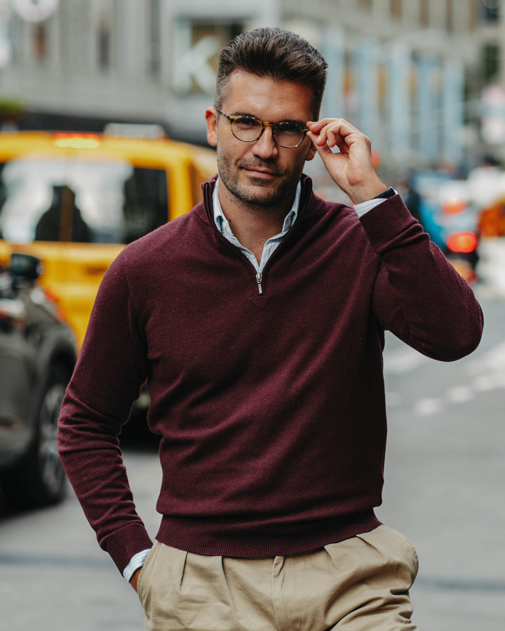 Half-Zip Kaschmir-Mix in Dunkelrot