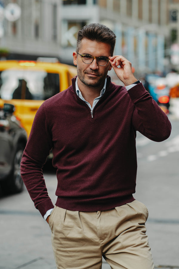 Half-Zip Kaschmir-Mix in Dunkelrot