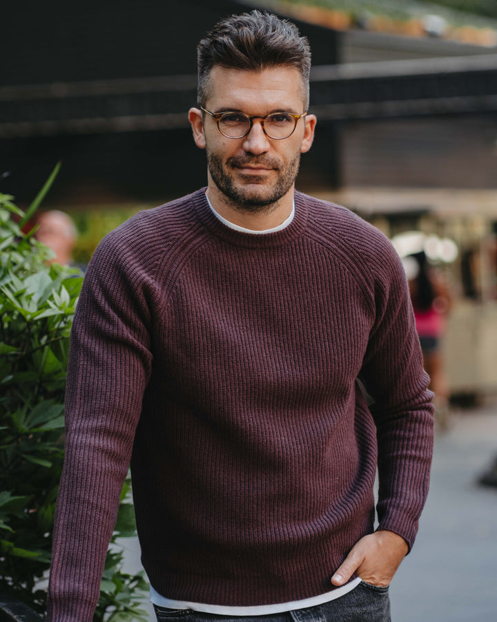 Grobstrick-Pullover 100% Merino in Pflaume