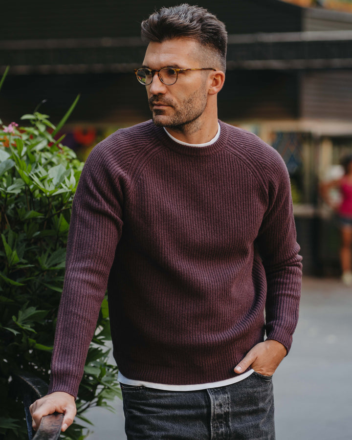 Grobstrick-Pullover 100% Merino in Pflaume