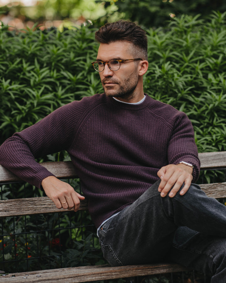 Grobstrick-Pullover 100% Merino in Pflaume