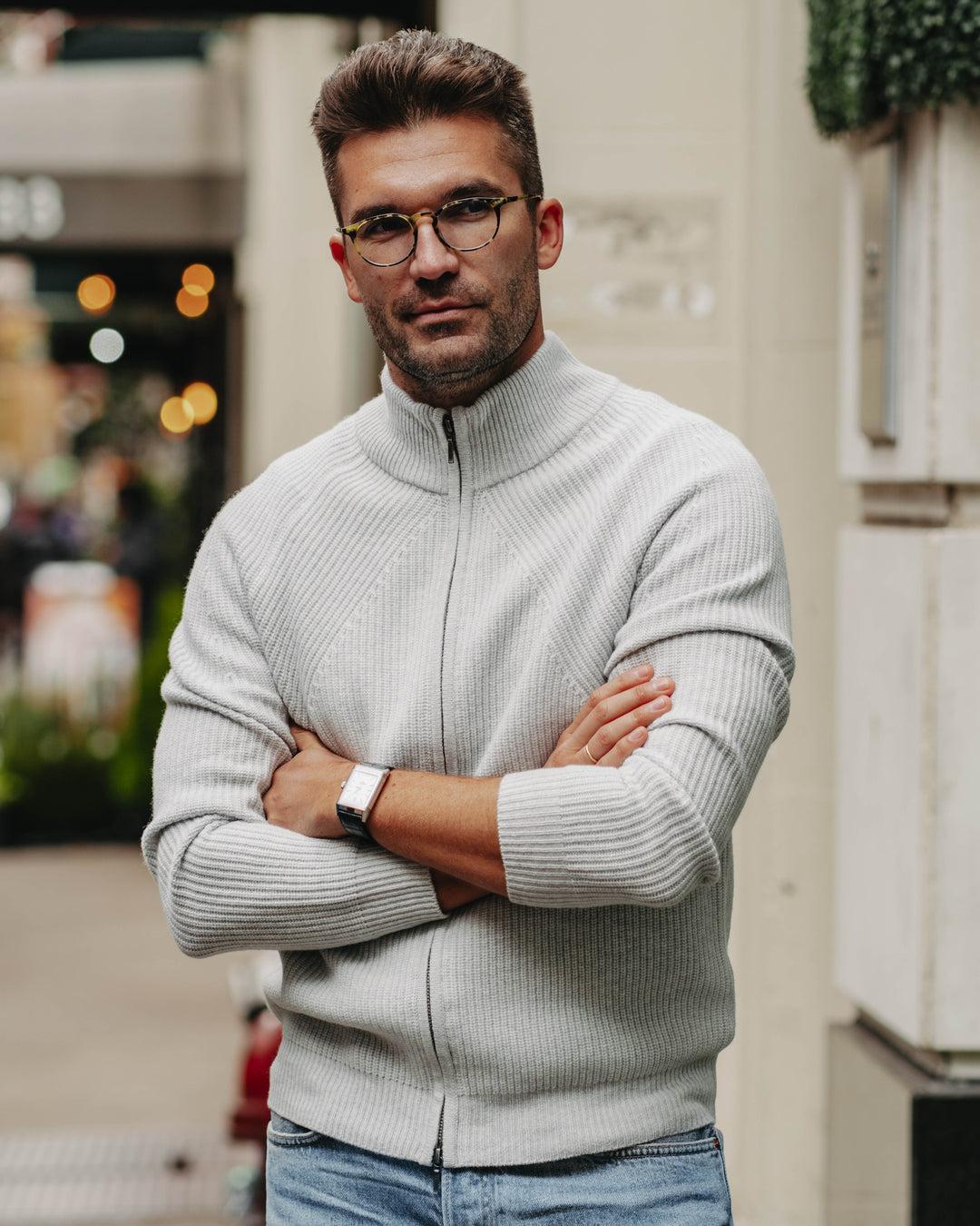 Grobstrick-Jacke 100% Merino in Hellgrau