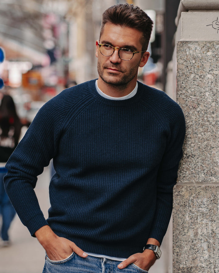Grobstrick-Pullover 100% Merino in Dunkelblau