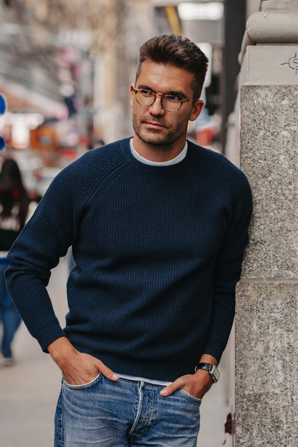 Grobstrick-Pullover 100% Merino in Dunkelblau