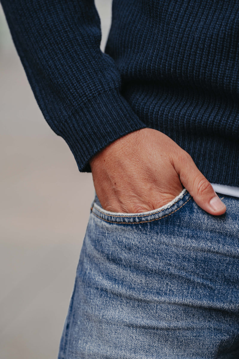 Grobstrick-Pullover 100% Merino in Dunkelblau